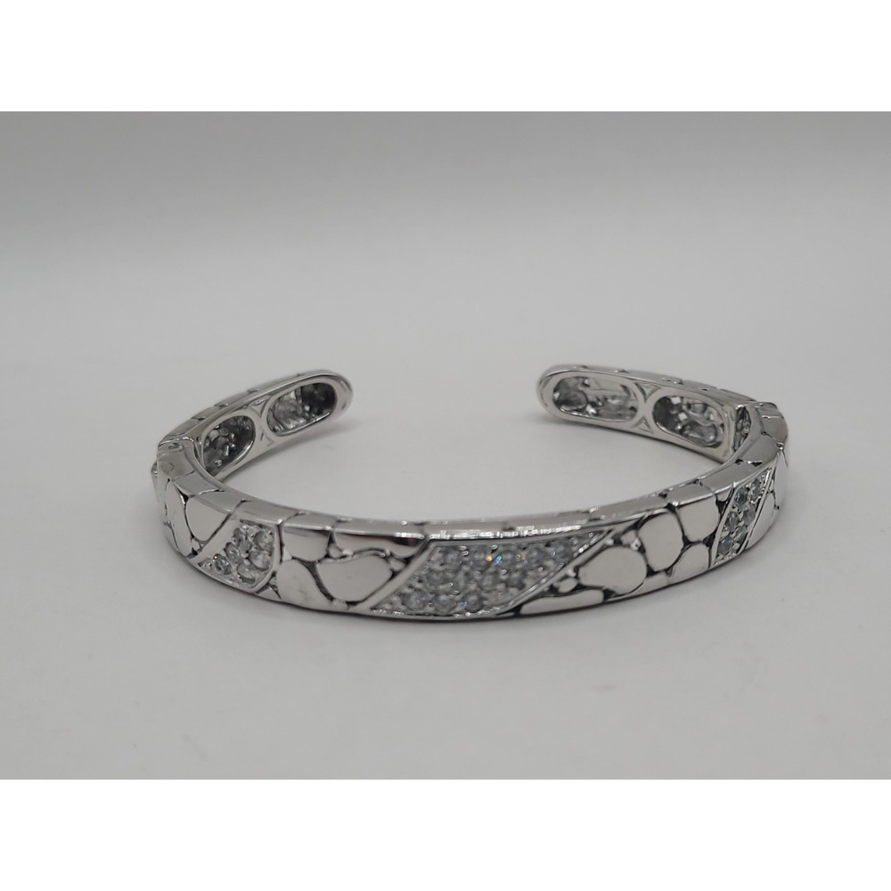Silver Tone Openwork Filigree Cuff Bracelet Clear Rhinestone Accents